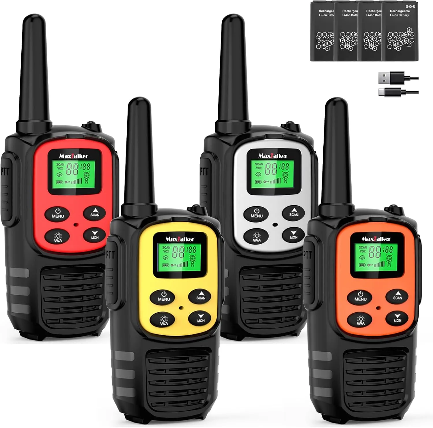 Walkie Talkies for Adults,Rechargeable Walkie Talkies Long Range,Two Way Radios with 22 FRS Channels,Li-ion Battery,USB-C Cable,Flashlight,NOAA,VOX Walkie Talkie for Camping 4 Pack