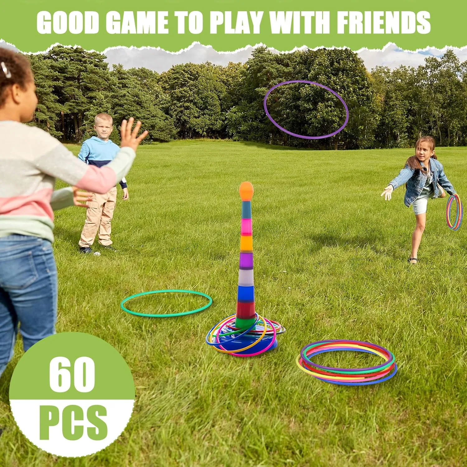 Wettarn 60 Pcs Large Plastic Ring Toss Multicolor Throwing Carnival Rings for Kids Speed and Agility Practice Games, Garden Backyard Lawn Outdoor Games (Bright Color,10 Inch)