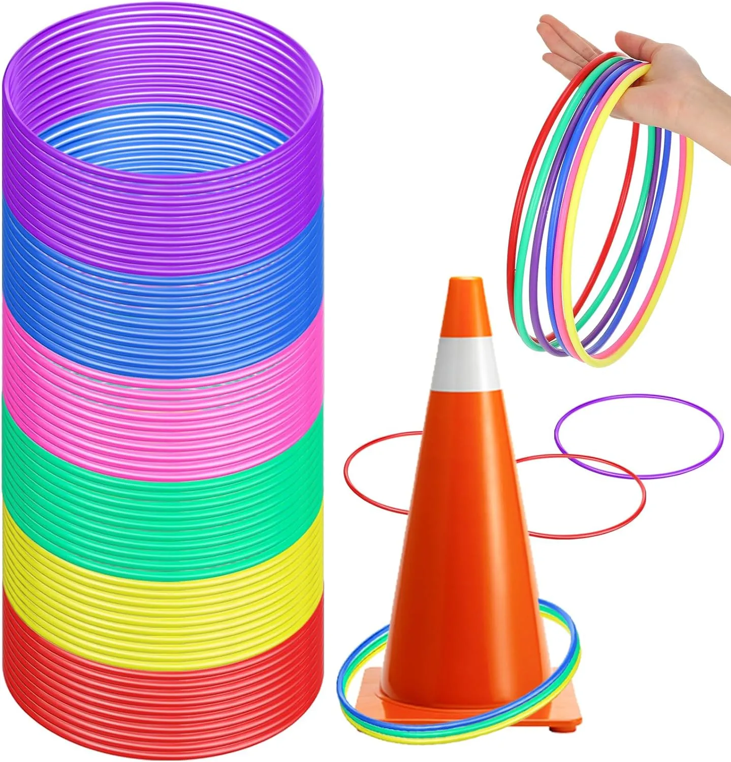 Wettarn 60 Pcs Large Plastic Ring Toss Multicolor Throwing Carnival Rings for Kids Speed and Agility Practice Games, Garden Backyard Lawn Outdoor Games (Bright Color,10 Inch)