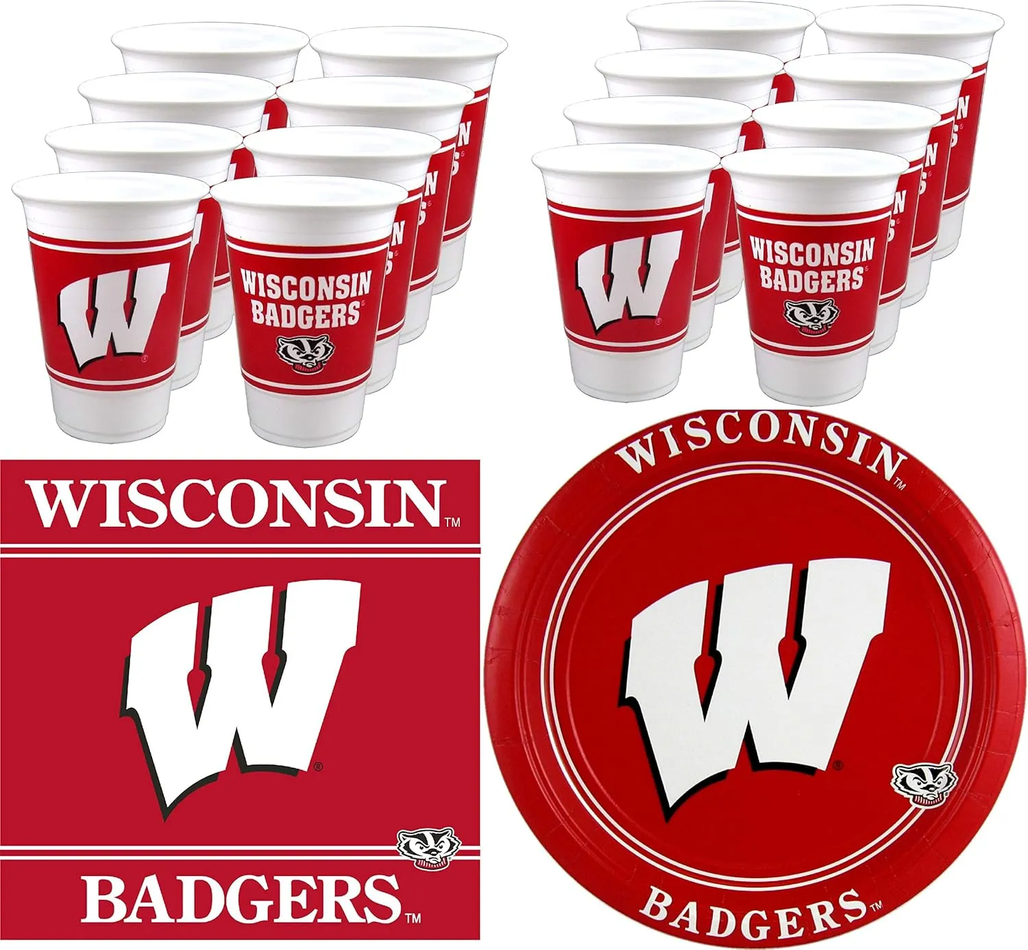 Wicsonsin Badgers Party Supplies 48 Piece Officially Licensed University Set: 16 oz. Plastic Beverage Cups, 9" Paper Plates, Luncheon Napkins, Complete Party Supplies for 16 Guests by Westrick