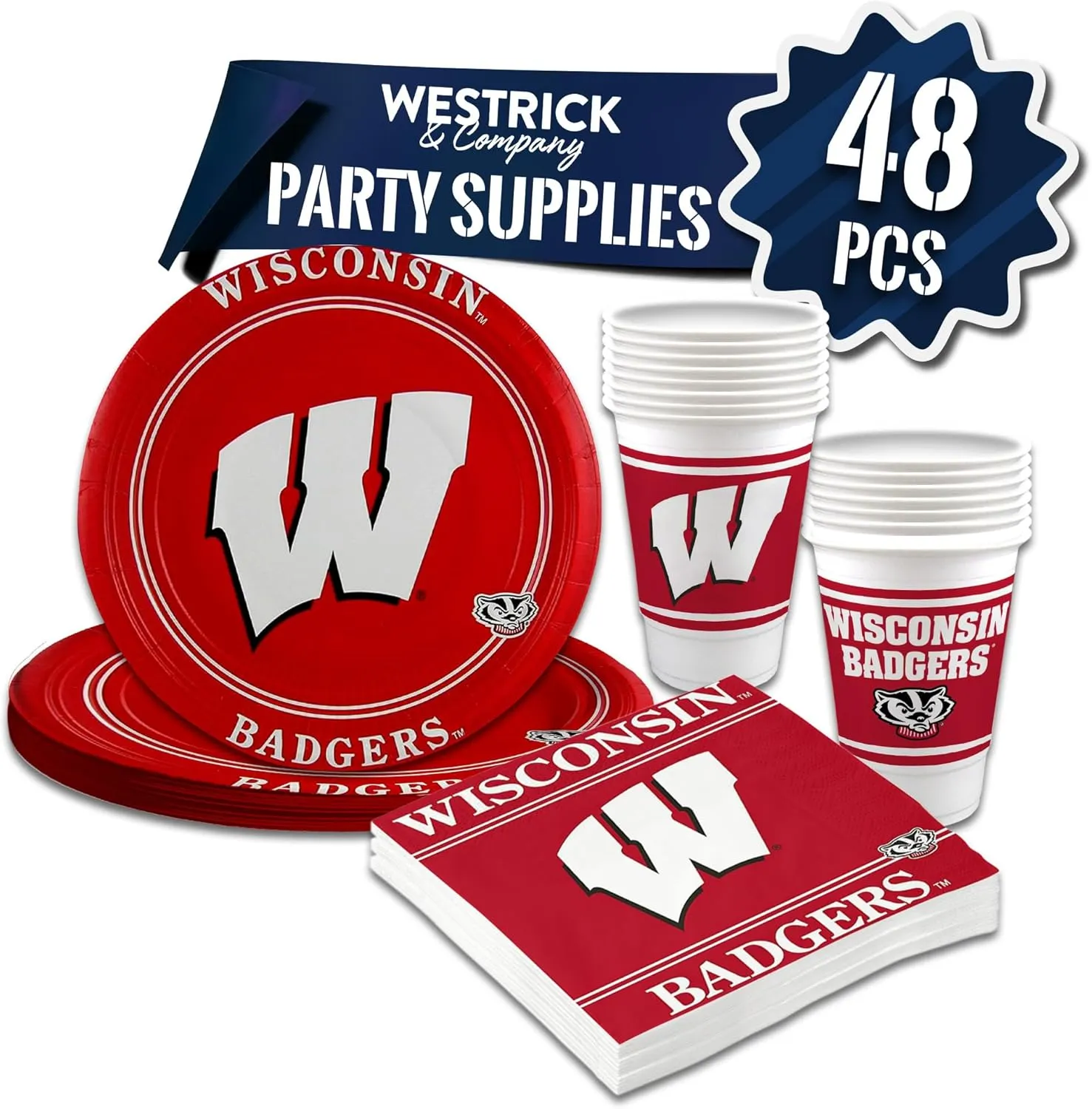 Wicsonsin Badgers Party Supplies 48 Piece Officially Licensed University Set: 16 oz. Plastic Beverage Cups, 9" Paper Plates, Luncheon Napkins, Complete Party Supplies for 16 Guests by Westrick