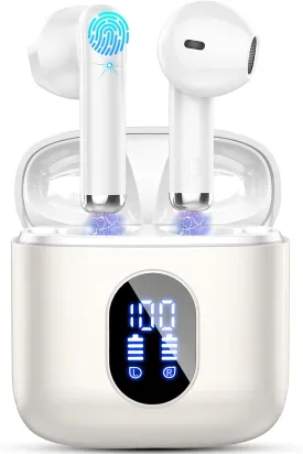 Wireless Earbuds, Bluetooth Headphones 5.4 with ENC Noise Cancelling Mics, 30H Bluetooth Ear buds 3D Bass with LED Display Charging Case, IP7 Waterproof Wireless Earphones for Android, iOS, Pearlwhite