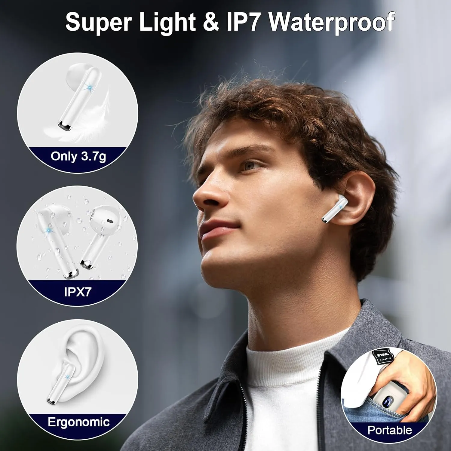 Wireless Earbuds, Bluetooth Headphones 5.4 with ENC Noise Cancelling Mics, 30H Bluetooth Ear buds 3D Bass with LED Display Charging Case, IP7 Waterproof Wireless Earphones for Android, iOS, Pearlwhite