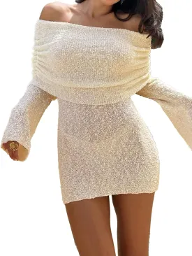 Womens Crochet Knit Swimsuit Coverup Mini Dress Summer 2025 Off Shoulder Sheer Mesh Beach Bathing Suit Cover Up