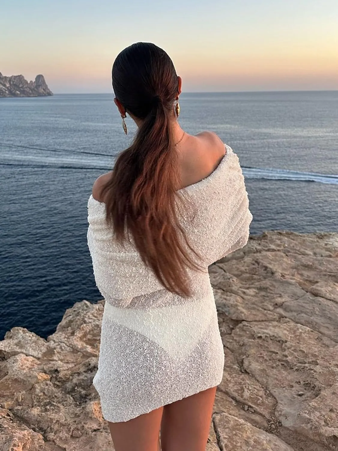 Womens Crochet Knit Swimsuit Coverup Mini Dress Summer 2025 Off Shoulder Sheer Mesh Beach Bathing Suit Cover Up